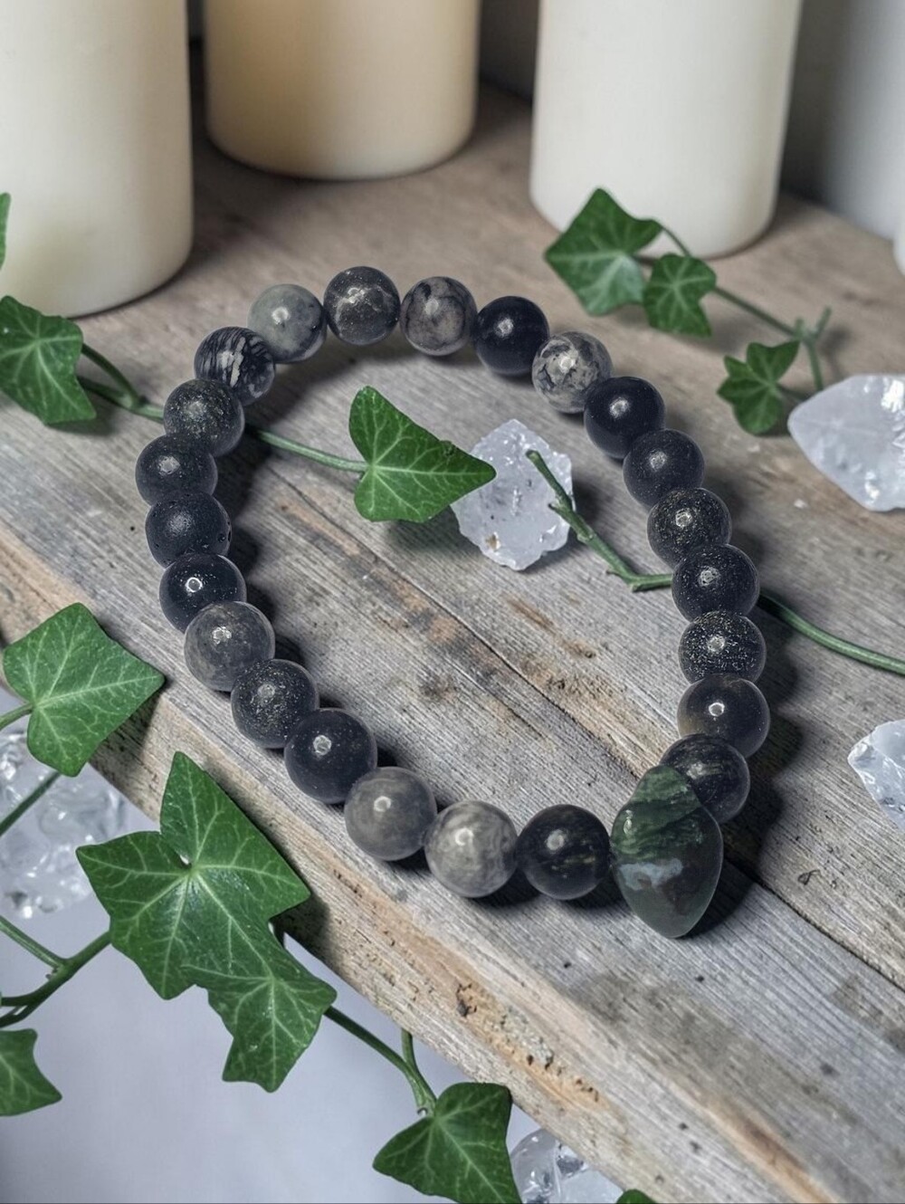 Handmade Black and Gray Beaded Bracelet with Green Moss Center Bead